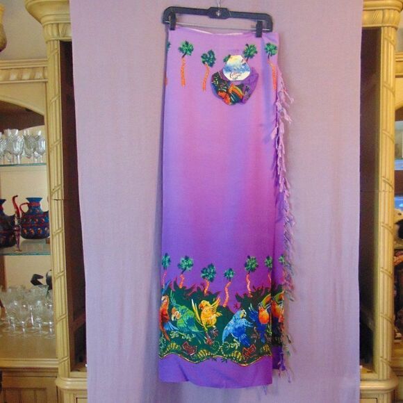 NWT CARRIBEAN SOUL Purple Tropical Birds Rain Forest Skirt Wrap Dress Scarf OS - Picture 1 of 8
